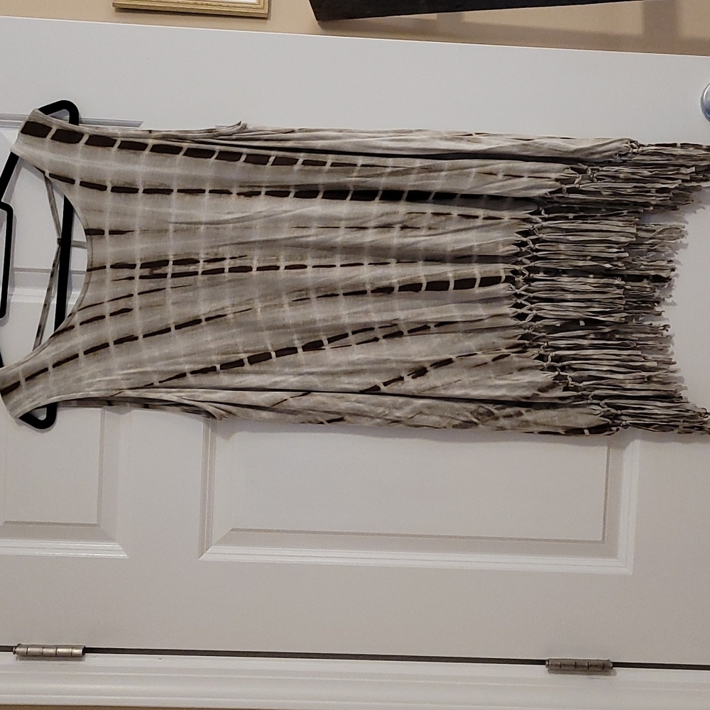 Brown & green fringe long tank top.